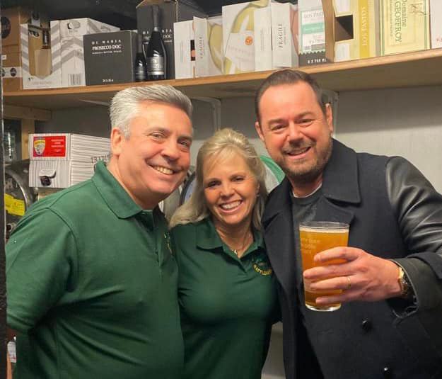 Steve and Paula Pegg of the One Green Bottle micro pub having a pint with Danny Dyer Steve and Paula Pegg of the One Green Bottle micro pub having a pint with Danny Dyer