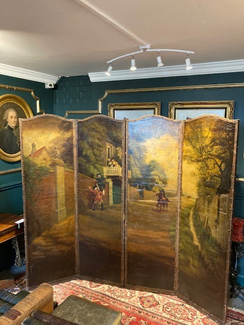 Georgian/William IV Painted Leather 4-Panel Screen