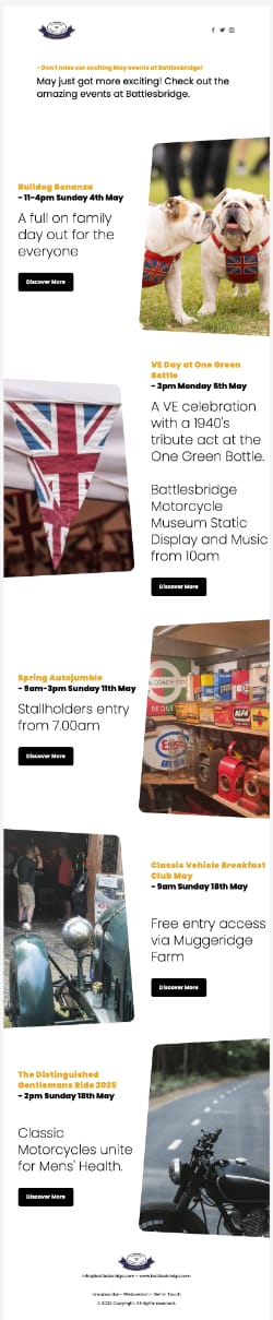 Don't miss our exciting May events at Battlesbridge!